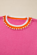 Pearl Contrast Trim Crewneck Drop Shoulder Sweater